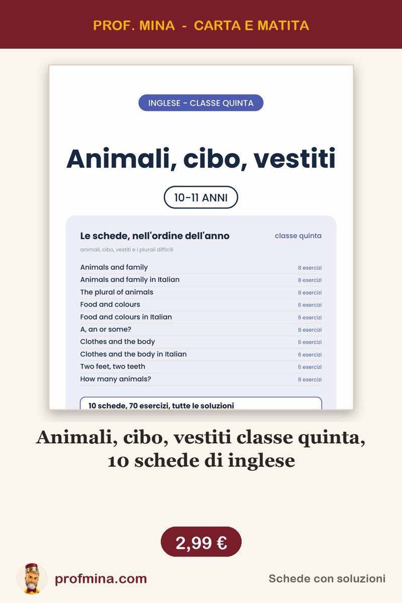 Animali, cibo, vestiti classe quinta, 10 schede di inglese
