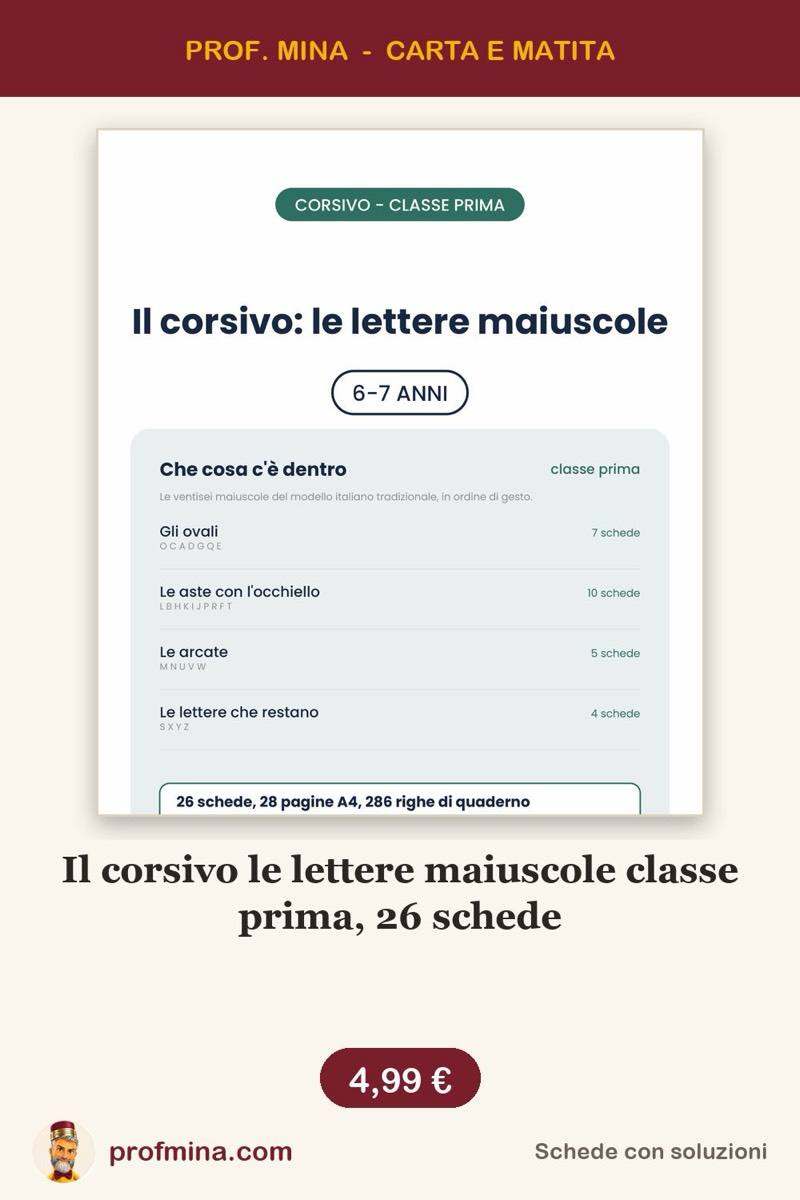 Il corsivo le lettere maiuscole classe prima, 26 schede