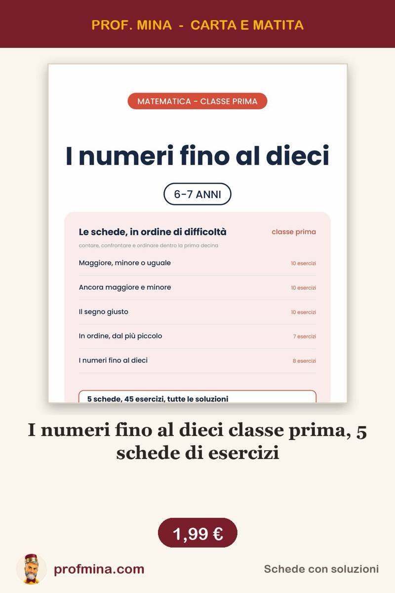 I numeri fino al dieci classe prima, 5 schede di esercizi