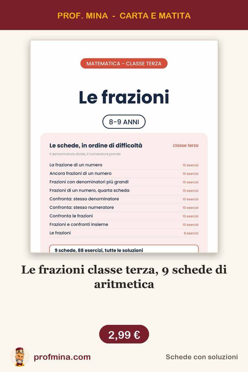 Le frazioni classe terza, 9 schede di aritmetica
