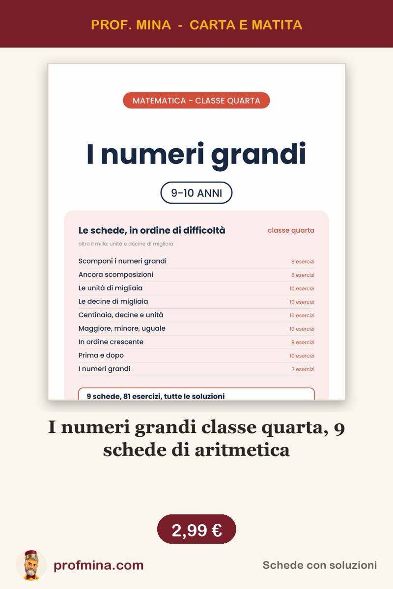 I numeri grandi classe quarta, 9 schede di aritmetica