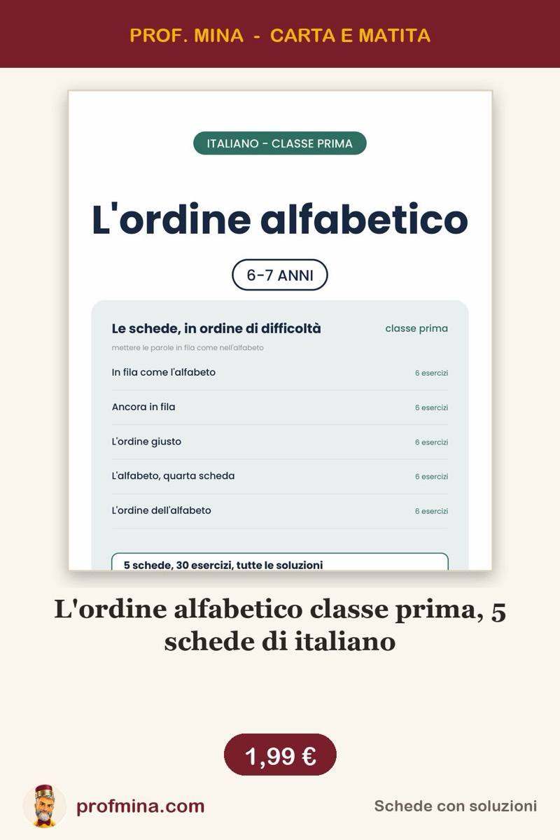 L'ordine alfabetico classe prima, 5 schede di italiano