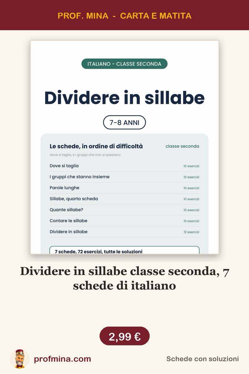 Dividere in sillabe classe seconda, 7 schede di italiano