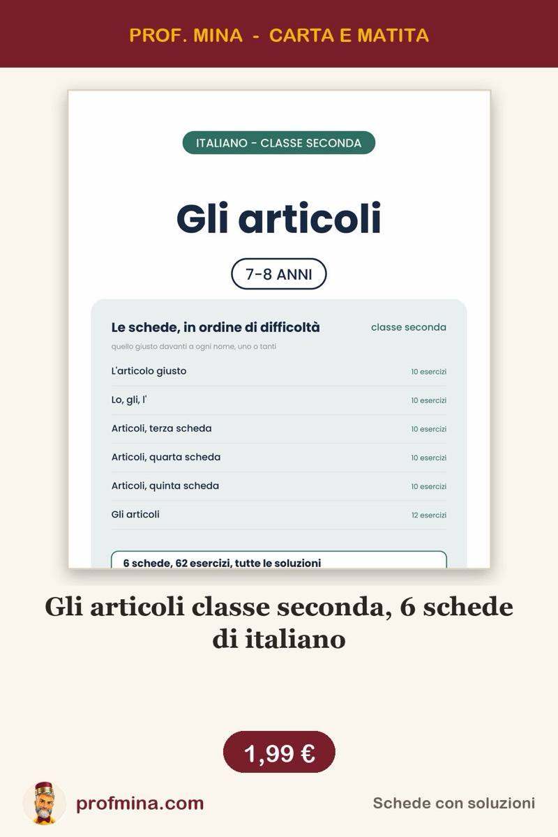 Gli articoli classe seconda, 6 schede di italiano