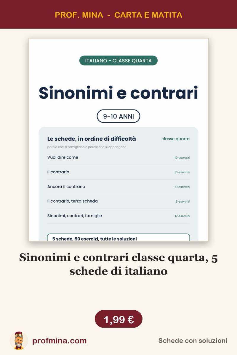 Sinonimi e contrari classe quarta, 5 schede di italiano