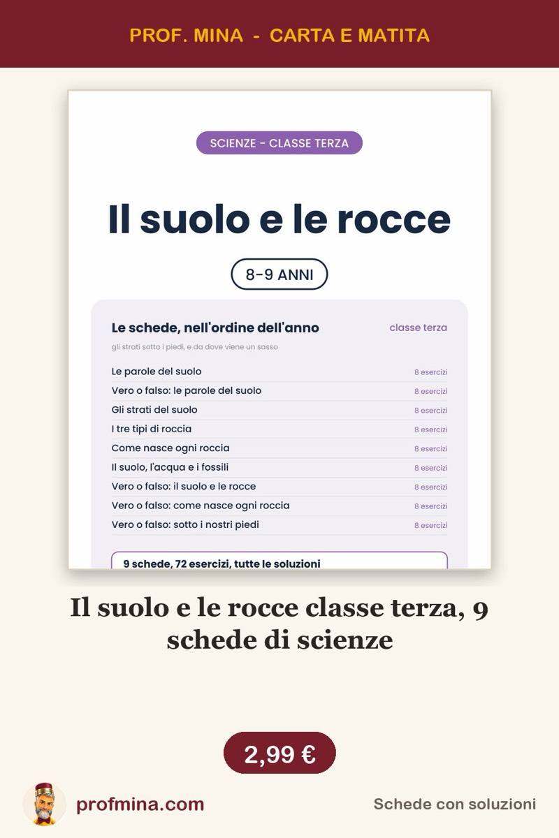 Il suolo e le rocce classe terza, 9 schede di scienze