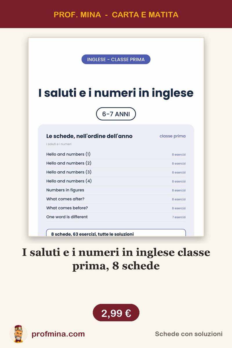 I saluti e i numeri in inglese classe prima, 8 schede