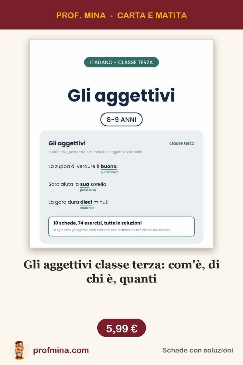 Gli aggettivi classe terza: com'è, di chi è, quanti