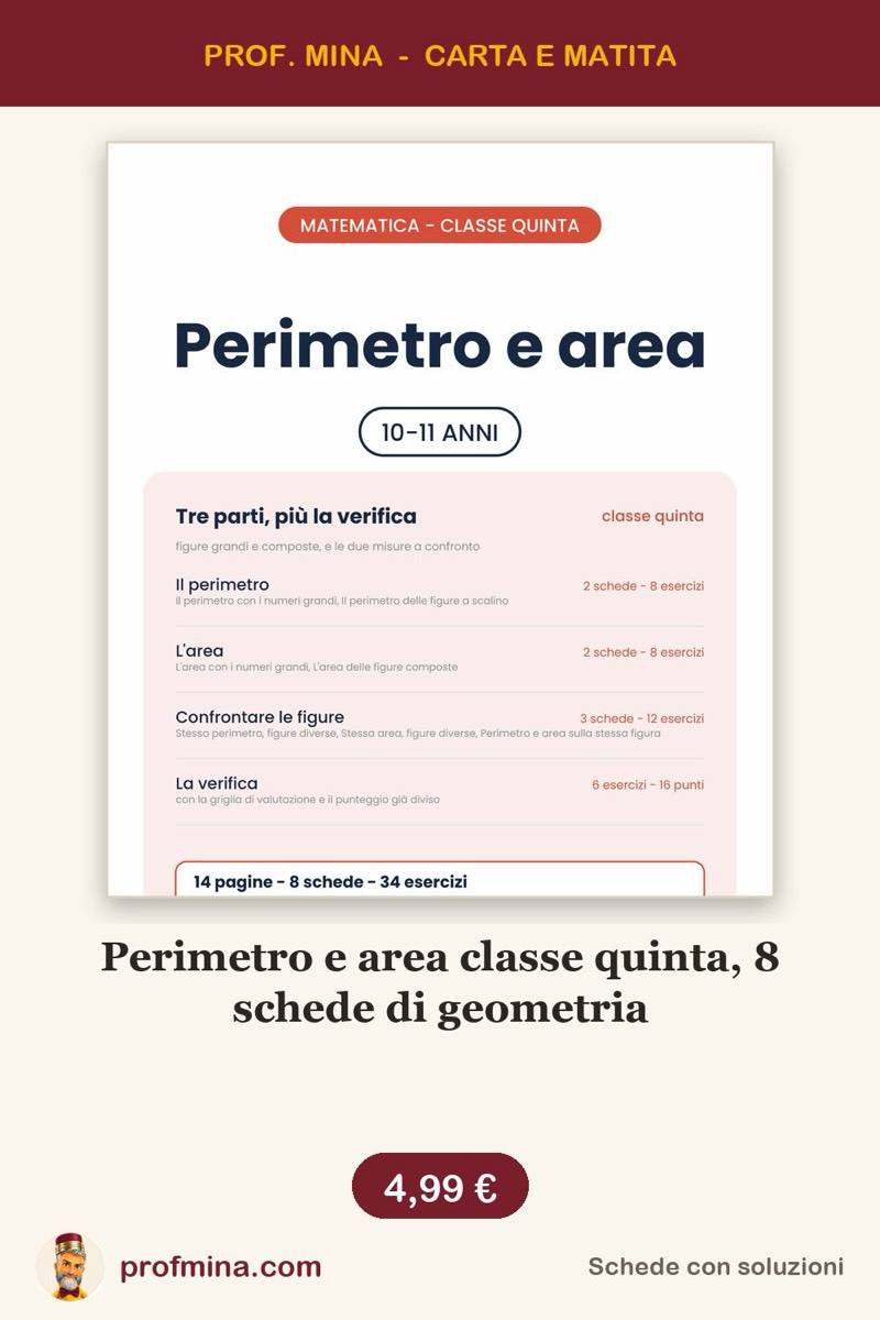 Perimetro e area classe quinta, 8 schede di geometria