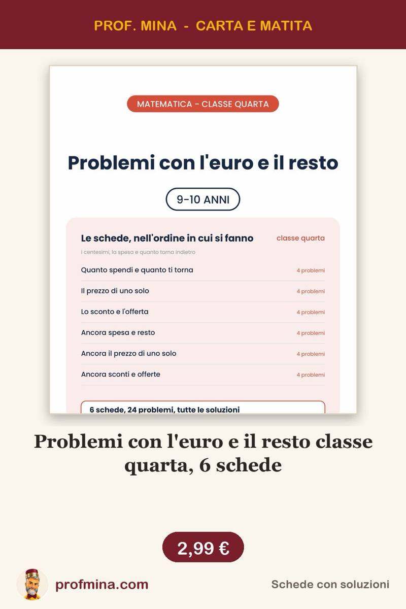 Problemi con l'euro e il resto classe quarta, 6 schede